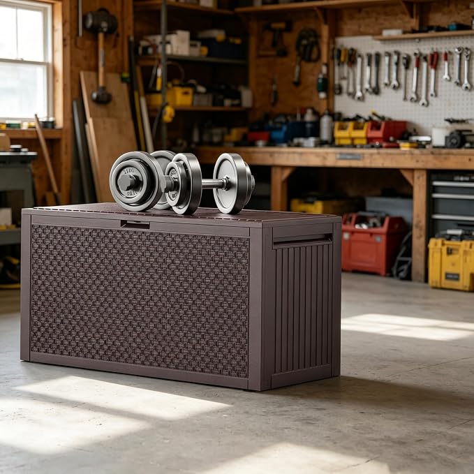 90 Gallon Outdoor Storage Deck Box with Wheels, Waterproof Resin Garden Storage Box Chest for Patio Furniture Cushions & Garden Tools, Lockable Seat Bench, Brown