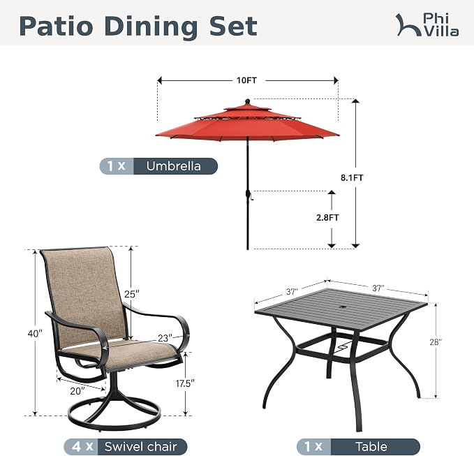 PHI VILLA Patio Furniture Set with Umbrella for 4,Swivel Mesh Dining Chairs | Includes 1 square metal table, 4 breathable textilene chairs and 10ft orange red umbrella, for deck, backyard, garden