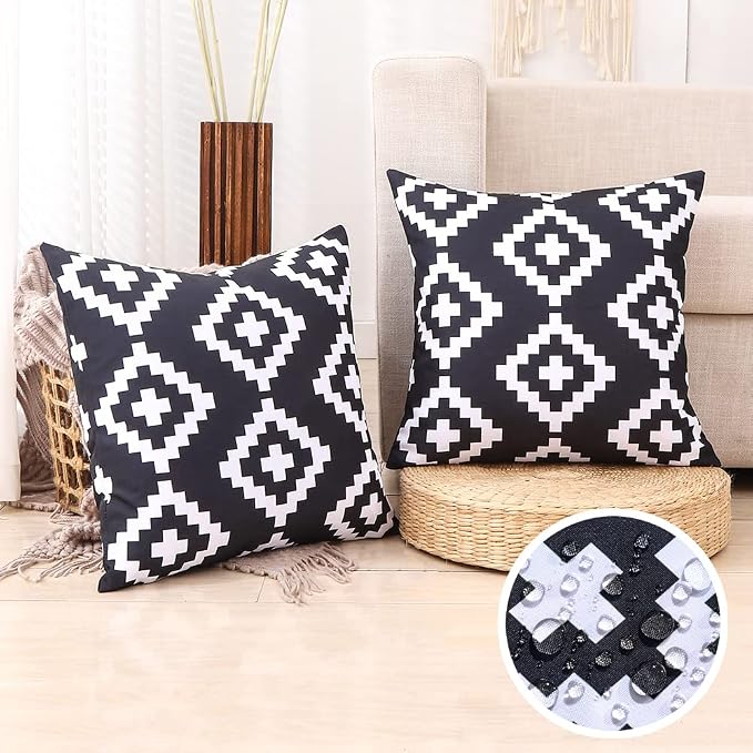 CARRIE HOME Black and White Outdoor Pillows Waterproof 18x18 Porch Throw Pillow Covers 18 x 18 Set of 2 Outdoor Patio Decor for Patio Furniture, RV, Backyard, Deck, Picnic, Beach, Trailer, Camping