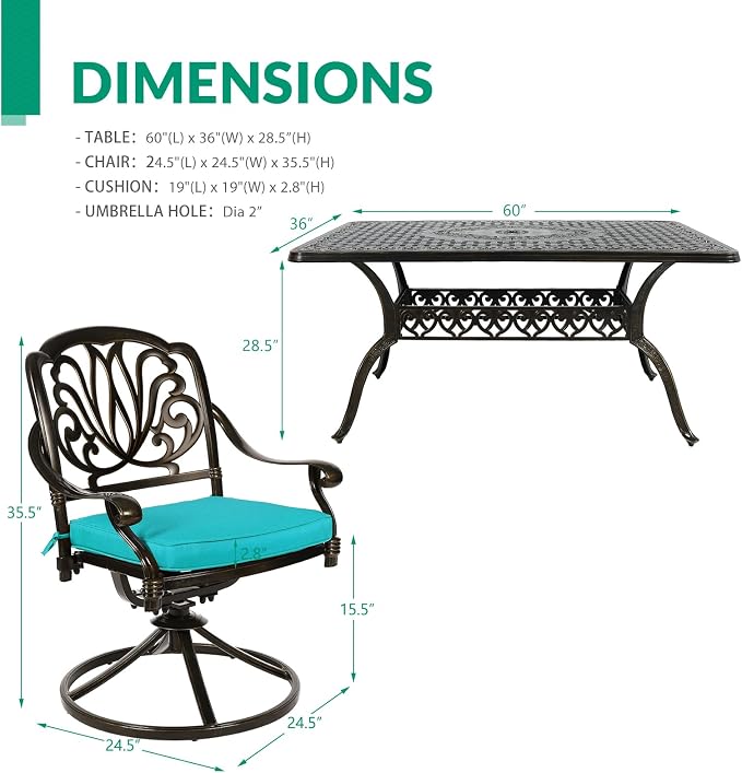 VIVIJASON 7-Piece Outdoor Furniture Dining Set, All-Weather Cast Aluminum Conversation Set Includes 6 Swivel Dining Chairs and a Rectangle Table with Umbrella Hole for Patio Garden, Ocean Blue Cushion