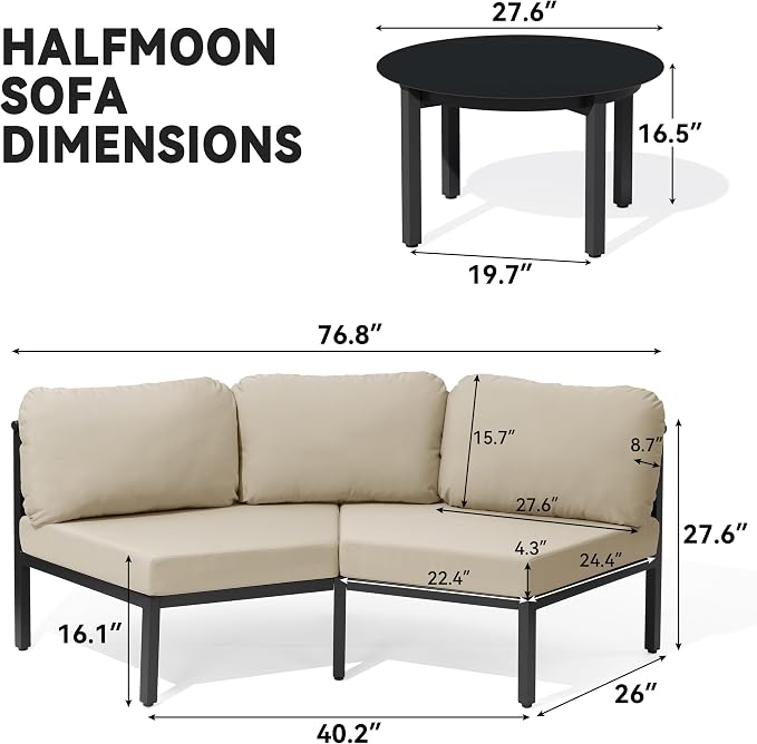 Crestlive Curved Patio Furniture Set, Modular Half Moon 6-Seater Sofa with Round Coffee Table, Aluminum Outdoor Sectional with 4.3" Cushions, All-Weather Couch for Backyard, Deck, Porch, Poolside