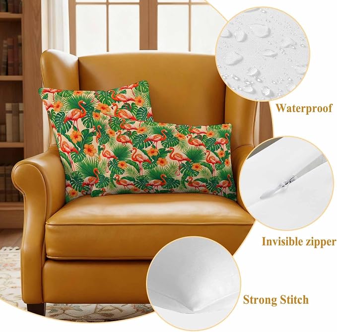 Red Flamingos Outdoor Pillow Covers 24"x24" Set of 2, Jungle Plants Hibiscus Flower Green Leaf Botanical Waterproof Throw Pillow Covers for Patio Furniture, Decorative Cushion Covers for Porch