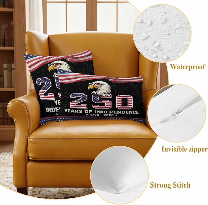 250 Years Anniversary Outdoor Waterproof Throw Pillow Covers 16x16 Set of 2, Independence Day USA Eagle Flag Decorative Pillowcases Cushion Pillowcase for Couch Sofa Patio Outside Pillow Protector