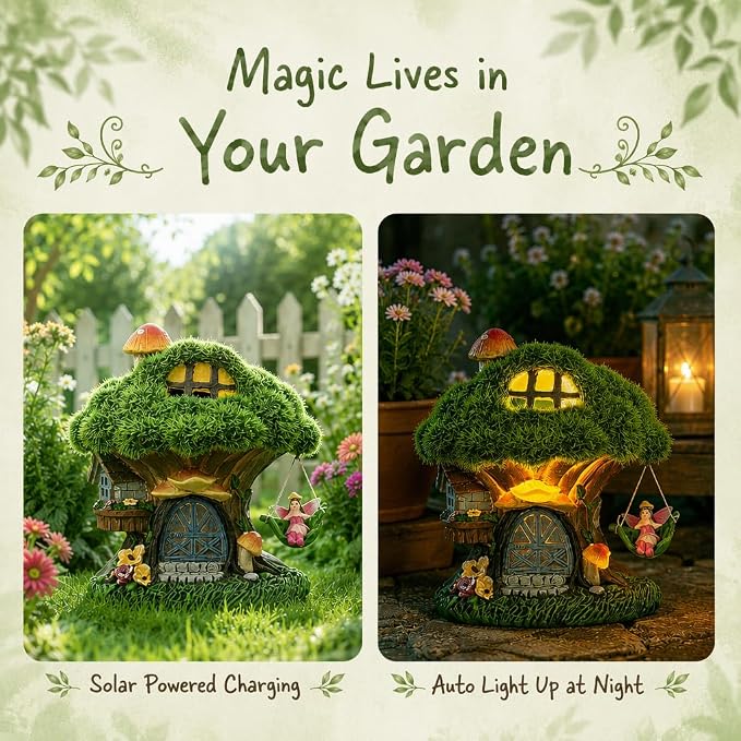 TERESA'S COLLECTIONS Fairy House Outdoor Statues with Solar Light for Garden Decor, Green Moss Resin Outdoor Cottage with Swinging Fairy, Lawn Ornaments Yard Decor Gifts for Mom Women, 8"