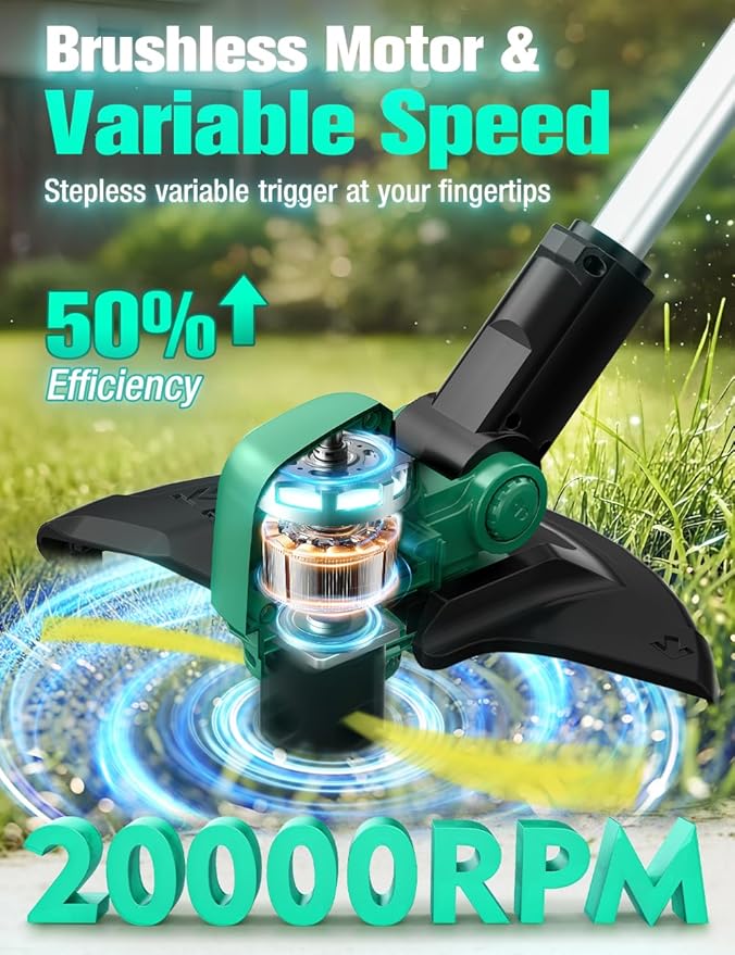 KIMO 20V Weed Wacker and Blower Combo w/2 x 2.0Ah Battery & Charger, Brushless Motor, 20000RPM 12" String Trimmer & Edger w/ 10PCS Cutting Lines, 260CFM/190MPH Cordless Leaf Blower w/Vacuum, 3 Nozzles