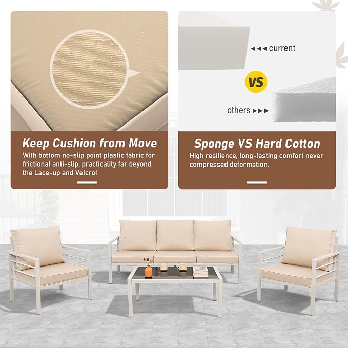 Oasishine 4-Piece Aluminum Patio Furniture Set White Outdoor Metal Frame Sofa Set with High Backrest Seating Glass Coffee Table All-Weather with Non-Slip Cushions and Waterproof Covers, Khaki