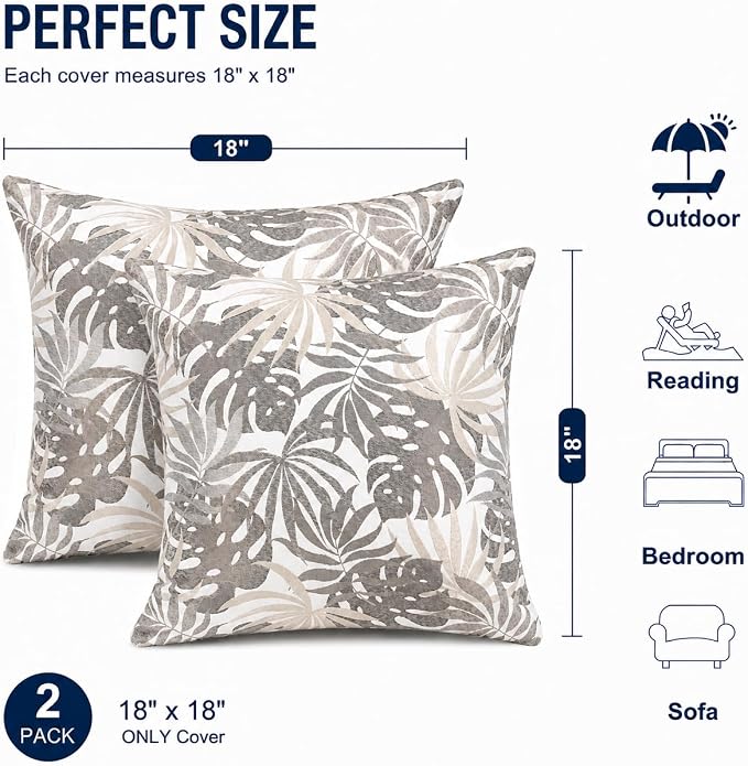 Indoor Outdoor Waterproof Throw Pillow Covers, Pack of 2 UV Fade Resistant Pillowcase Shell Cushion Sham for Garden Patio Tent Balcony Couch Sofa, 18 x 18 Inch (Sunlight Coconut Grove)