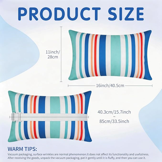 cygnus 2pcs Chaise Lounge Pillow with Strap Outdoor Waterproof Pool Chair Neck Headrest Pillows with Adjustable Elastic Band for Beach Patio Chair Recliner 16 x 11 Inches,Red Striped
