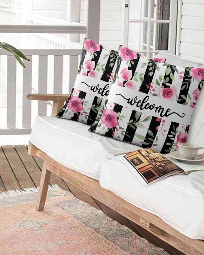 Outdoor Waterproof Throw Pillows Welcome Words Pink Flowers Patio Pillows Pack of 2,Decorative Pillow Covers with Insert,Pillow Cushion Case for Garden Couch Sofa Country Black Line
