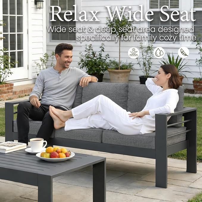 LayinSun Aluminum Furniture Set with Fire Pit Table, 4 Pieces Patio Sectional Conversation Chat Sofa Modern Seating Set