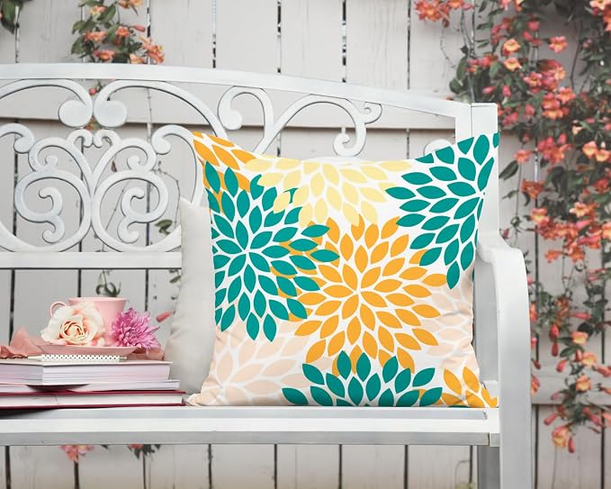 Yellow Blue Dahlia Floral Outdoor Pillow Covers 18x18 Set of 2 Waterproof Abstract Flower Summer Decorative Outdoor Pillow Covers for Patio Furniture Porch Couch Home Decoration (Teal Orange)