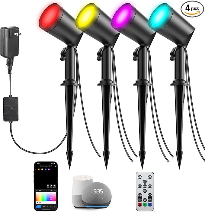 deerdance LED Outdoor Landscape Lighting Low Voltage Landscape Pathway Lights Aluminum Wired Waterproof Outdoor Spotlights Uplight Transformer for Yard House Garden 24W 2400lm (RGB, 4)