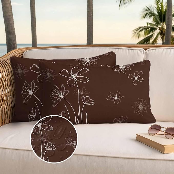 Lumbar Pillow Covers 20x12 Inch Set of 2, Brown Waterproof Outdoor Pillow Covers, Spring Flora Decorative Cushion Pillowcases for Couch, Sofa, Bed, Garden, Patio