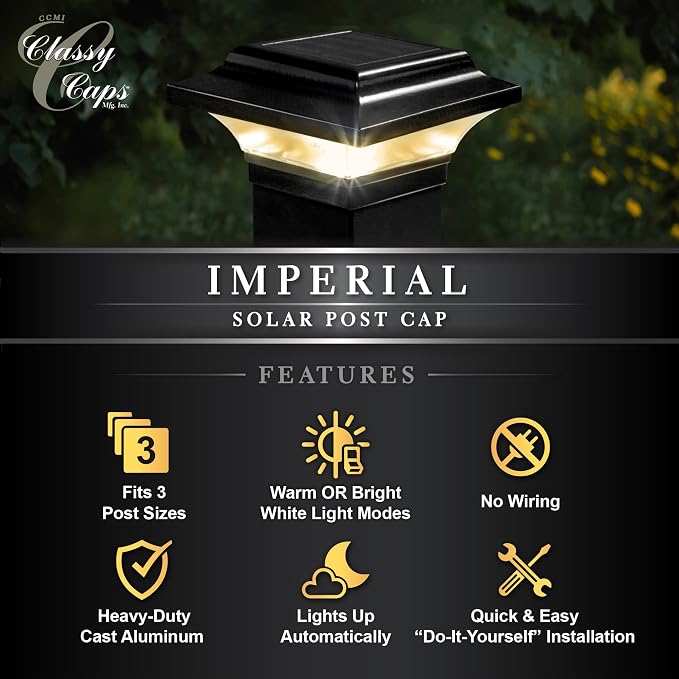 Classy Caps Imperial Solar Post Cap - Black SLO82B – Fits 2"x2",2.25"x2.25",and 2.5"x2.5" Post Sizes,High-Performance Solar LED,Durable Cast Aluminum Construction,Warm & Cool Light Modes,(Pack of 6)