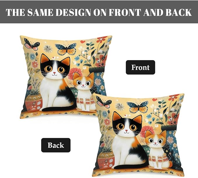 20x20 Inch Outdoor Pillow Covers Set of 2 Waterproof Throw Pillow Covers Decorative Couch Cushion Covers Charming Boho Floral Cats Square Pillowcases Protectors for Patio Garden Sofa