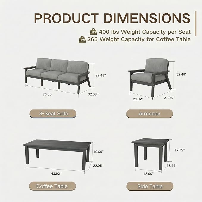 Kingdura HDPE Patio Furniture Set, 7 Piece Outdoor Sectional Sofa with Coffee Table & Side Table, All Weather Outdoor Couch Conversation Set with Washable Cushions for Backyard Poolside Balcony