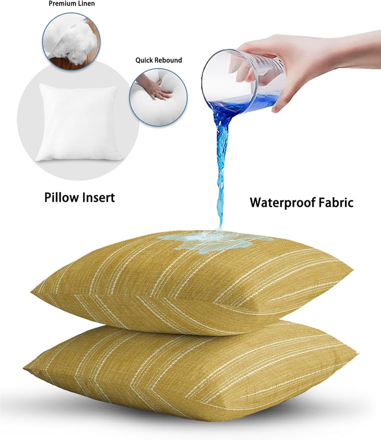 Waterproof Outdoor Pillow Set of 2 Yellow Linen Stripes Decorative Throw Pillows Cover & Insert 20x12 Inch Lumbar Pillowcase Parallel Vertical Lines Pillows for Couch Sofa Bed Patio Furniture