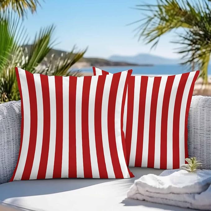 Red Striped Outdoor Waterproof Throw Pillow Covers 24x24 Set of 2, Christmas Farmhouse Red White Stripes Decorative Pillowcases Cushion Pillowcase for Couch Sofa Patio Outside Pillow Protector