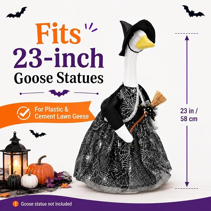 Halloween Porch Goose Outfits for 23'' Lawn Geese Statue, Witch Porch Goose Clothes with Black Spiderweb Dress Witch Hat Broom, Outdoor Garden Goose Costume Accessories for Halloween Patio Yard Decor