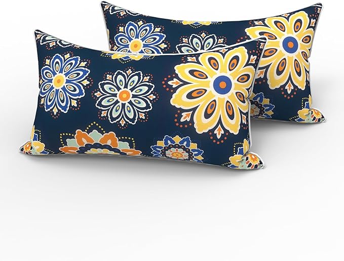 LVTXIII 2 Pack Outdoor Lumbar Pillows 12x20 Inch with White Piping, Fade Resistant Support Throw Pillows with Inserts for Patio Furniture, Sofa, Chair, Bloom Cobalt
