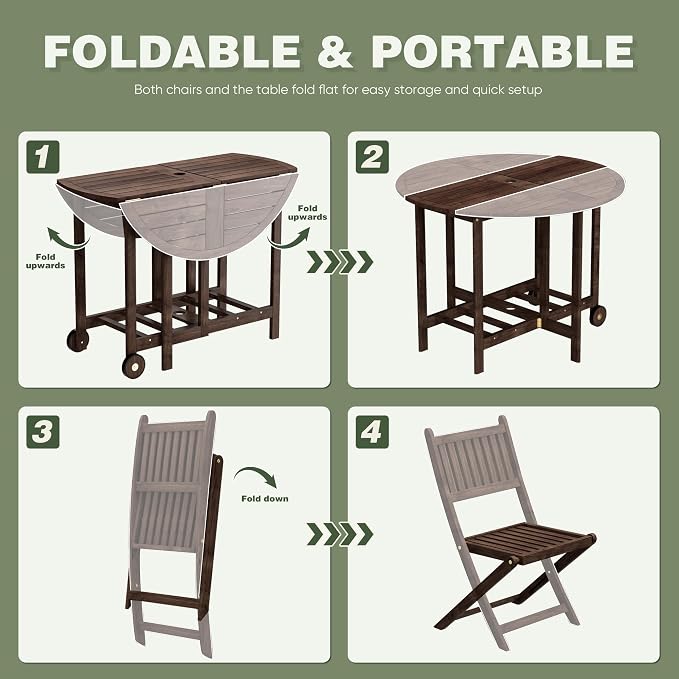 Greesum 5-Piece Outdoor Patio Dining Set, Acacia Wood Folding Bistro Set, All-Weather Furniture with Round Table & Chairs for Garden, Deck, Balcony, Pool, Dark Brown