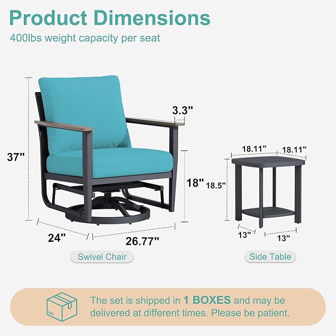 Aluminum Patio Swivel Rocking Chair Outdoor Bistro Set, 3PCS Patio Conversation Set Outdoor Patio Furniture Set with High Backrest & Thickened Cushions for Garden, Deck and Balcony, Turquoise