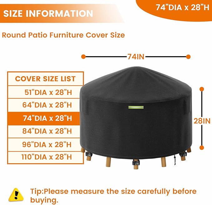 74 Inch Round Patio Furniture Covers with Support Pole, 800D Heavy Duty Waterproof Tear-Resistant Polyester Round Outdoor Table Cover