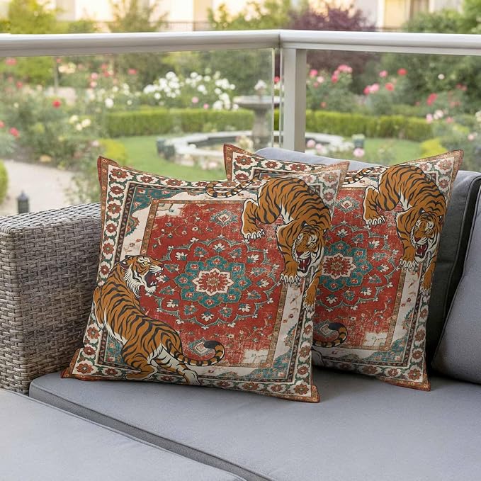 Tiger Print Outdoor Pillow Covers 24"x24" Set of 2, Boho Vintage Animal Orange Red Floral Geometric Waterproof Throw Pillow Covers for Patio Furniture, Decorative Cushion Covers for Porch