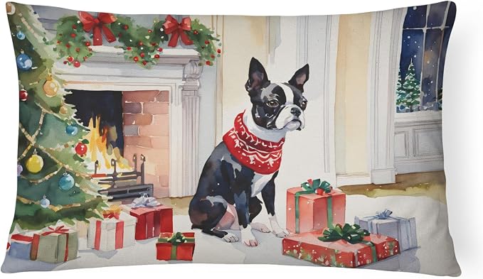 Caroline's Treasures DAC2618PW1216 Boston Terrier Cozy Christmas Throw Pillow Machine Washable, Indoor Outdoor Decorative Pillow for Couch, Bed or Patio, 12HX16W