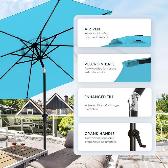 wikiwiki 9FT Patio Umbrella with Base, Outdoor Umbrellas with Base Included, 8 Sturdy Ribs, Waterproof Fade Resistant POLYESTER DTY Canopy for Deck, Lawn, Garden, Backyard & Pool, Sky Blue