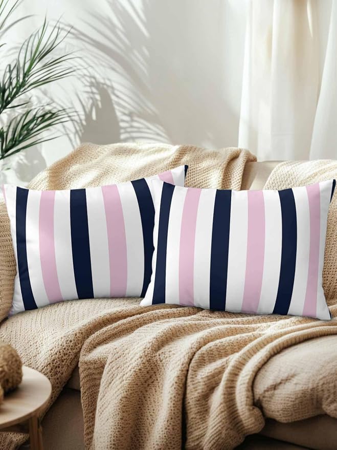 Outdoor Pillows Waterproof, Pink Navy Blue Striped Bedding Throw Pillows with Insert for Couch Sofa Bed, Farmhouse Stripe Art 12x20 Inch Pillowcases Decorative Camping Patio Pillow Set of 2