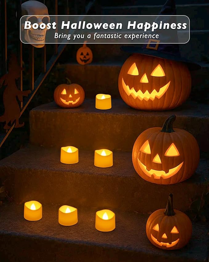 Raycare 12 Pack Tea Lights with Timer, 6H Timer Built-in, Flameless Battery Operated Tea Lights Flickering in Warm Yellow, Realistic Votive Candle for Halloween Wedding Christmas Party Home Decor