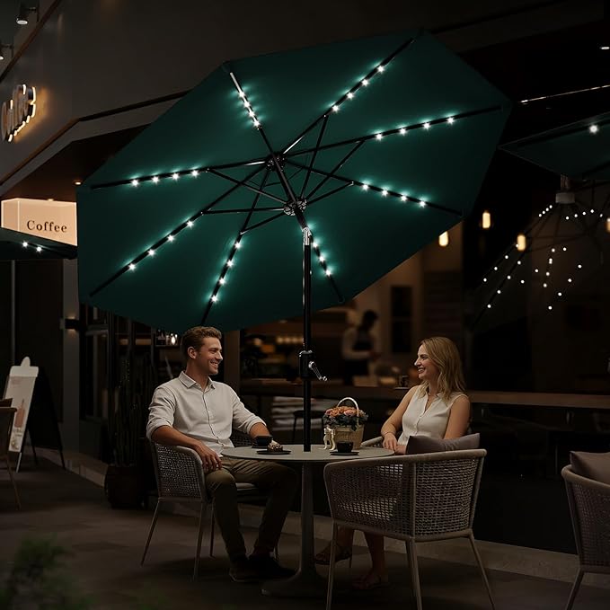 Garvee 9/10 FT Solar Patio Umbrella with 32 LED Lights - Outdoor Table Umbrella with Crank Lift, Push Button Tilt and 8 Sturdy Ribs - Market Umbrella UV Protection for Pool, Deck, Yard, Garden