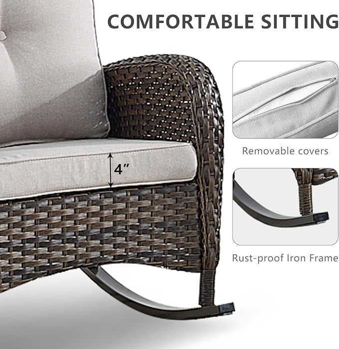 HUMMUH 5-Piece Outdoor Patio Furniture PE Wicker Patio Conversation Set,All-Weather Outdoor Rocking Chairs with Patio Couch Tables for Backyard,Poolside,Deck