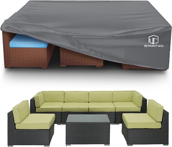 STARTWO Patio Furniture Covers Waterproof, Anti-UV Tear-Resistant 500D Heavy Duty 7-12 Seats Outdoor Furniture Cover for Sectional Sofa and Table Chairs, 110"x84"x28", Grey