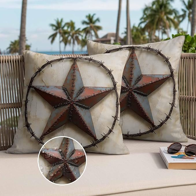 Texas Star Vintage Waterproof Outdoor Pillow Covers Set of 2 Home Decor, Abstract Country Stars Modern Pillowcase Patio Pillow Covers for Couch Bench Furniture Garden 20x20in