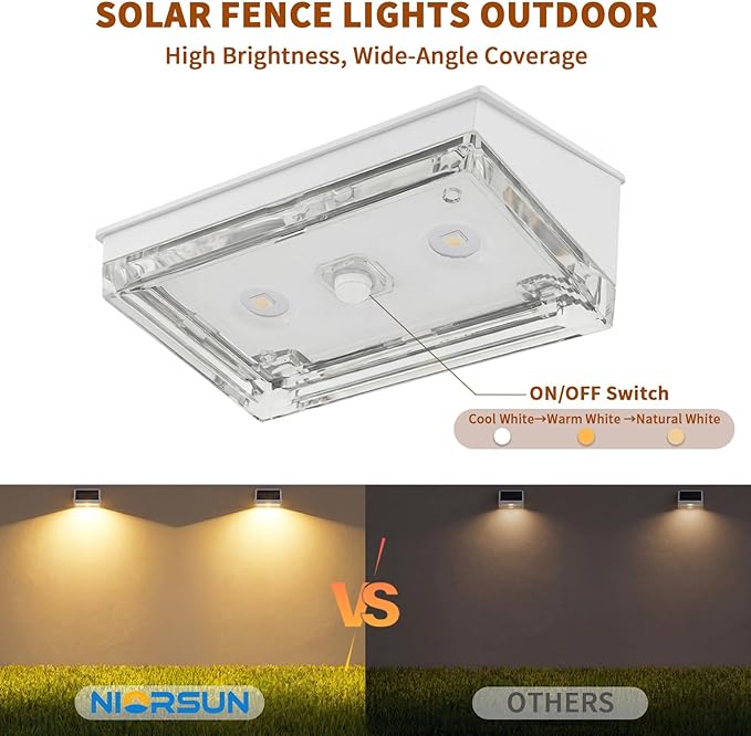 NIORSUN Solar Fence Lights 8 Pack, Outdoor Solar Lights with 3 Color Temperatures, IP65 Waterproof Wide-Angle LED Lighting for Fence, Patio, Yard, Deck, Wall, Garden (White)