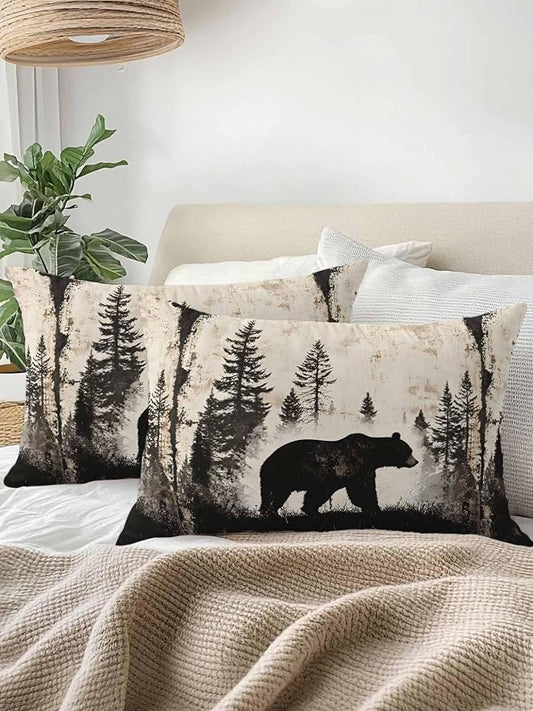 Outdoor Waterproof Throw Pillows Forest Brown Bear Silhouette Patio Pillows Pack of 2,Decorative Pillow Covers with Insert,Pillow Cushion Case for Garden Couch Sofa Minimalist Modern Art