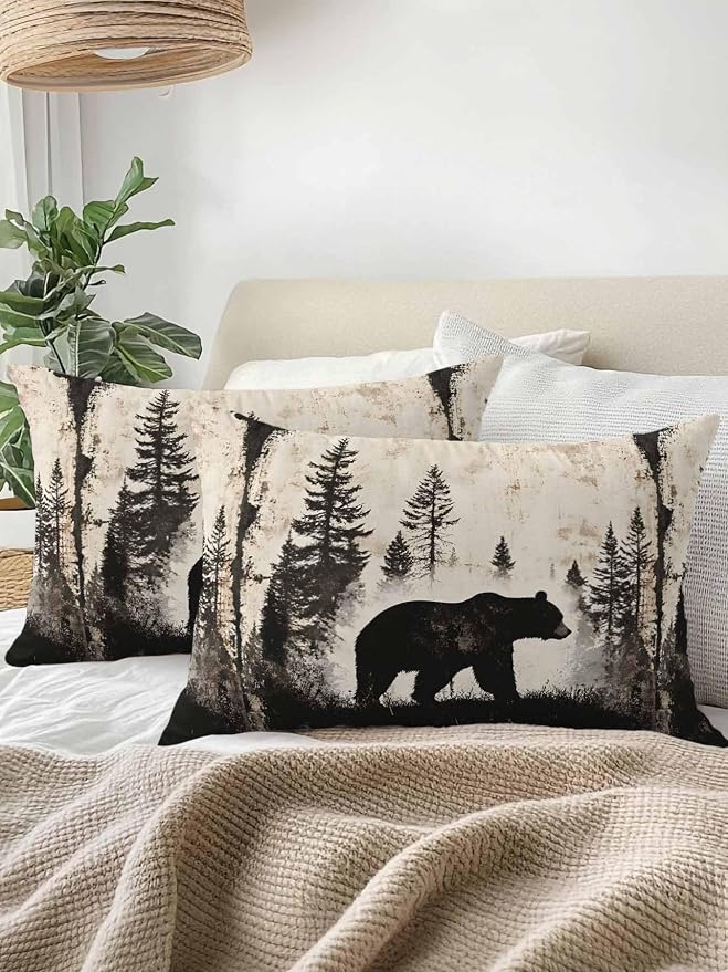 Outdoor Waterproof Throw Pillows Forest Brown Bear Silhouette Patio Pillows,Decorative Pillow Covers with Insert,Pillow Cushion Case for Garden Couch Sofa Minimalist Modern Art