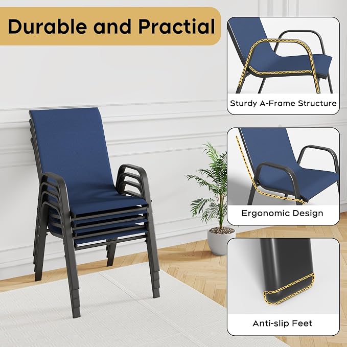 Outdoor Patio Dining Set for 4, 5 Pieces Patio Table and Chairs Set with Umbrella Hole, 41"x 41" Round Metal Wood-Grain Dining Table Set with 4 Stackable Patio Chairs for Deck , Backyard, Porch