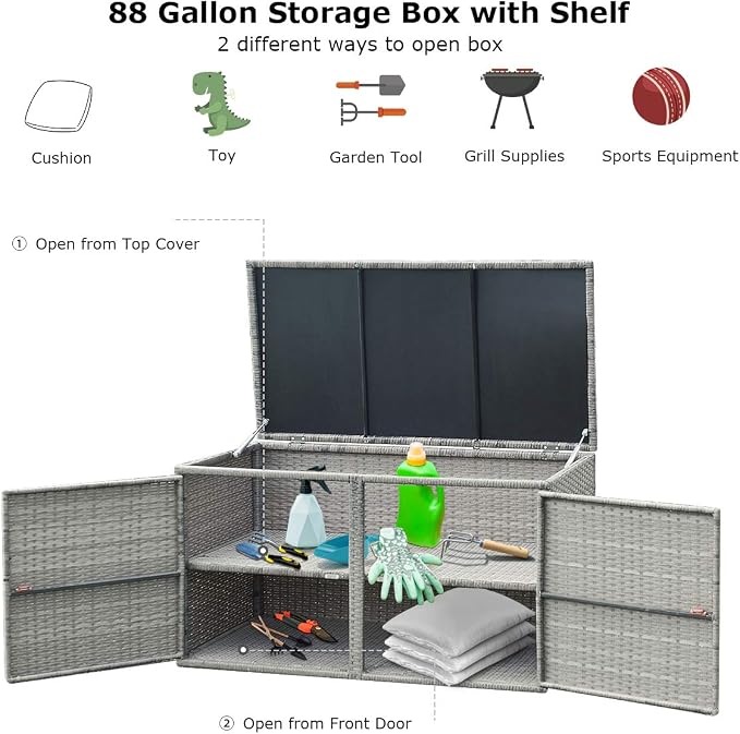 RELAX4LIFE PE Wicker Storage Box - Outdoor 88 Gallon 2-Tier Deck Box for Patio Furniture Toys Storage w/Lid & Front Doors, All Weather Rattan Storage Bin for Backyard Garden Poolside Porch (Grey)