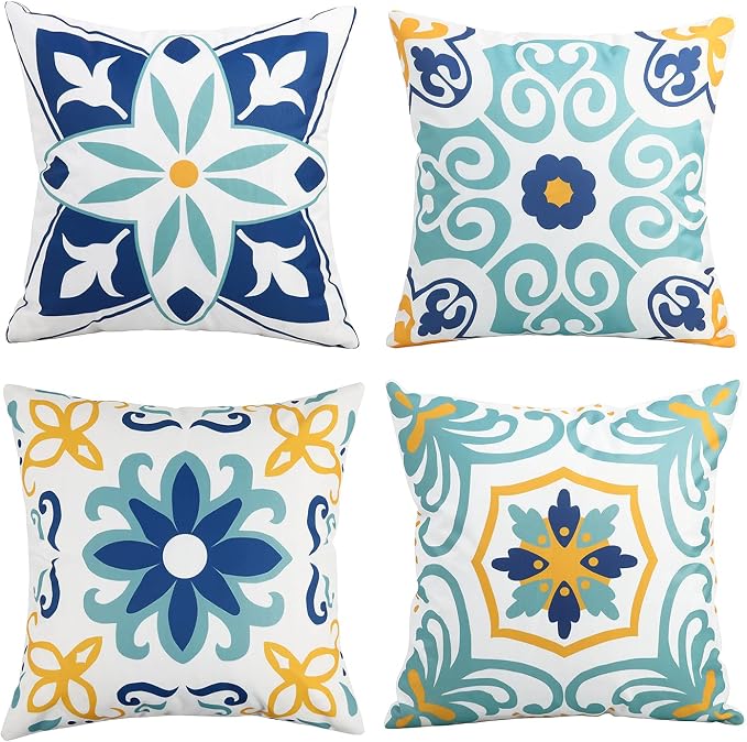 Pyonic Waterproof Outdoor Pillow Covers 24x24 Inch Set of 4 | Double Side Boho Floral Print Outdoor Pillows for Patio Funiture Garden,Blue