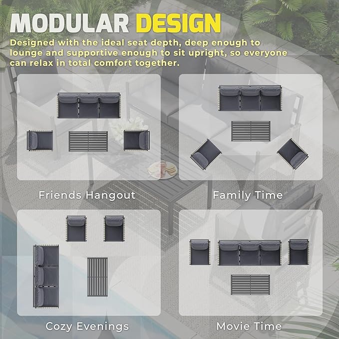 AECOJOY Aluminum Patio Furniture Set 5 Seats Outdoor Sectional Sofa Couch with Coffee Central Table Patio Conversation Sets for Porch Deck, Dark Grey