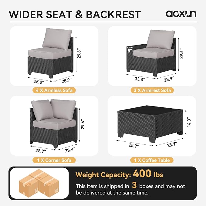 Aoxun Patio Furniture Set, 9 Pcs Outdoor Patio Furniture Sets with 4 in Thicken Cushion, Widen Armrests Wicker Outdoor Sectional for Backyard & Garden, Grey