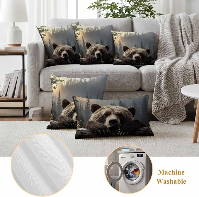 Bear Outdoor Pillow Covers 24"x24" Set of 2, Animal Wood Fence Forest Farmhouse Waterproof Throw Pillow Covers for Patio Furniture, Decorative Cushion Covers for Porch