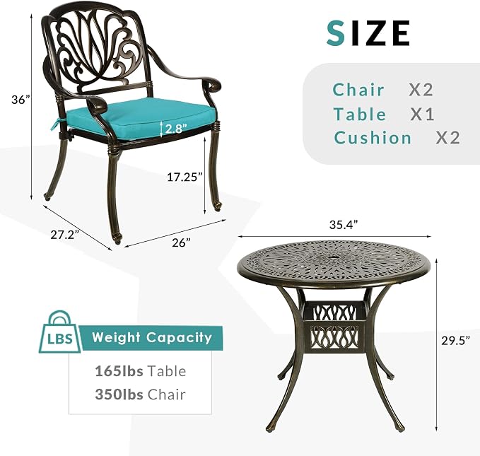 MEETWARM 3 Piece Patio Bistro Set, Outdoor All-Weather Cast Aluminum Dining Furniture Set Includes 2 Cushioned Chairs and a 35.4” Round Table with Umbrella Hole for Garden Deck, Ocean Blue