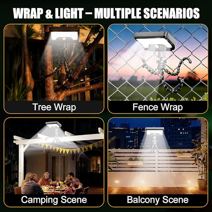 Solar Lights,Outdoor Solar Motion-Activated Light with Flexible Octopus Tripod 360° Can be Wrapped Around Tree Trunks,Dual Charging,Outdoor Sercurity Lights for Deck Fence, Garden (Black)