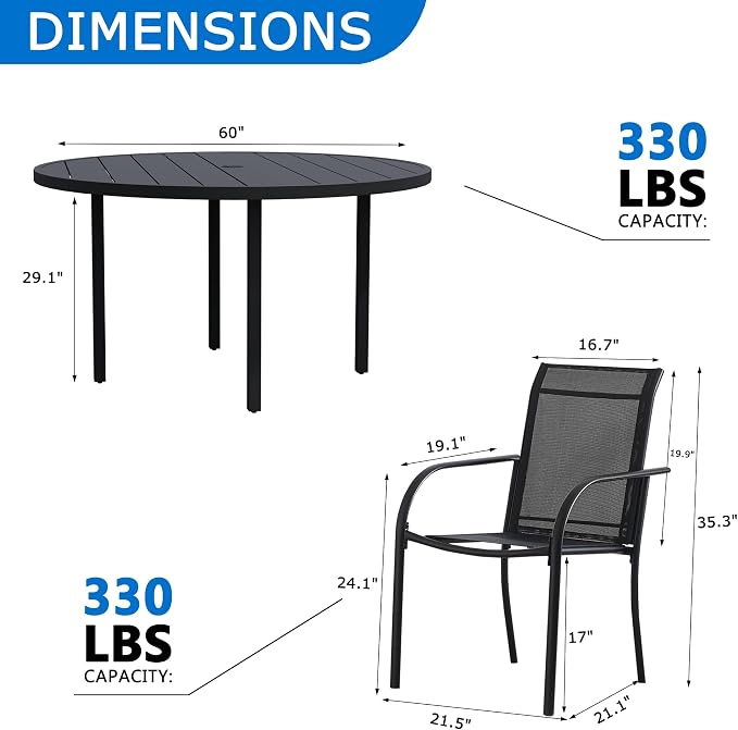 9-Piece Patio Furniture Set, Black Round Patio Table and Black Chairs Set of 8, Outdoor Dining Set with Umbrella Hole for Garden, Yard, Patio