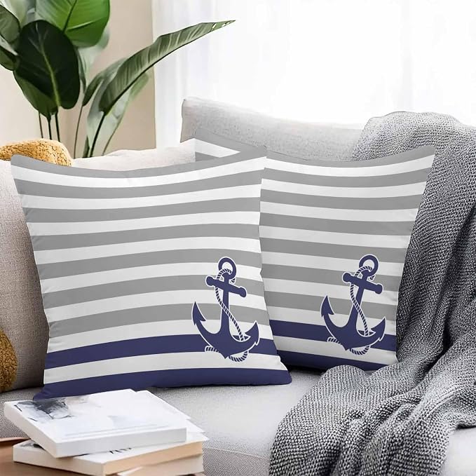 Throw Pillow Covers 20x20 Inch Set of 2, Anchor Gray Waterproof Outdoor Cushion Covers, Modern Navy Blue White Striped Nautical Decorative Pillowcases for Couch, Sofa, Bed, Garden, Patio