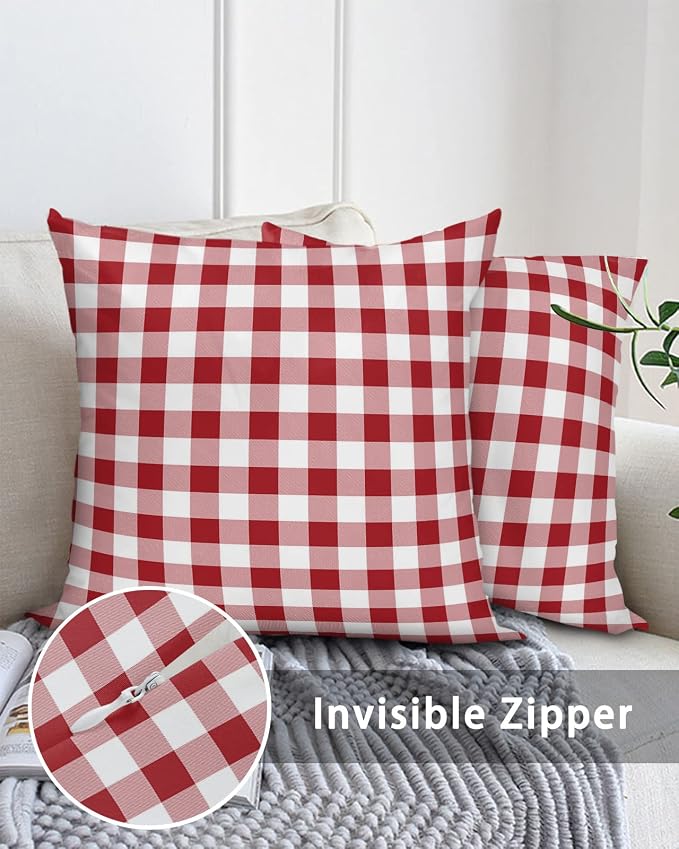 Outdoor Waterproof Throw Pillows Red Gingham Check Patio Pillows Pack of 1,Decorative Pillow Covers with Insert,Pillow Cushion Case for Garden Couch Sofa Country Buffalo Plaid